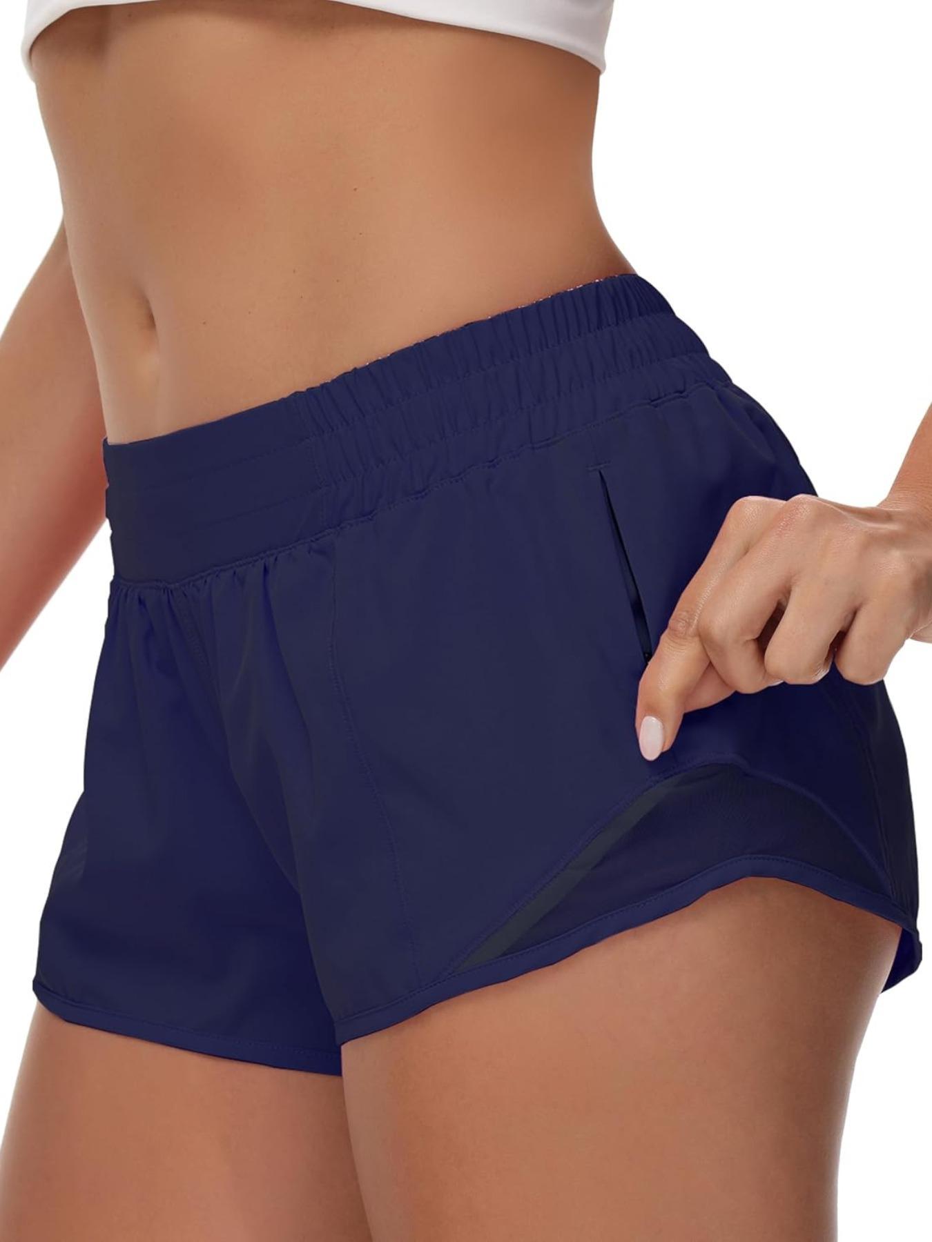 Women's Solid Drawstring Waist Gym Shorts, Breathable Quick Drying Zipper Pocket Sports Shorts for Cycling Running, Ladies Sportswear for All Seasons, Activewear