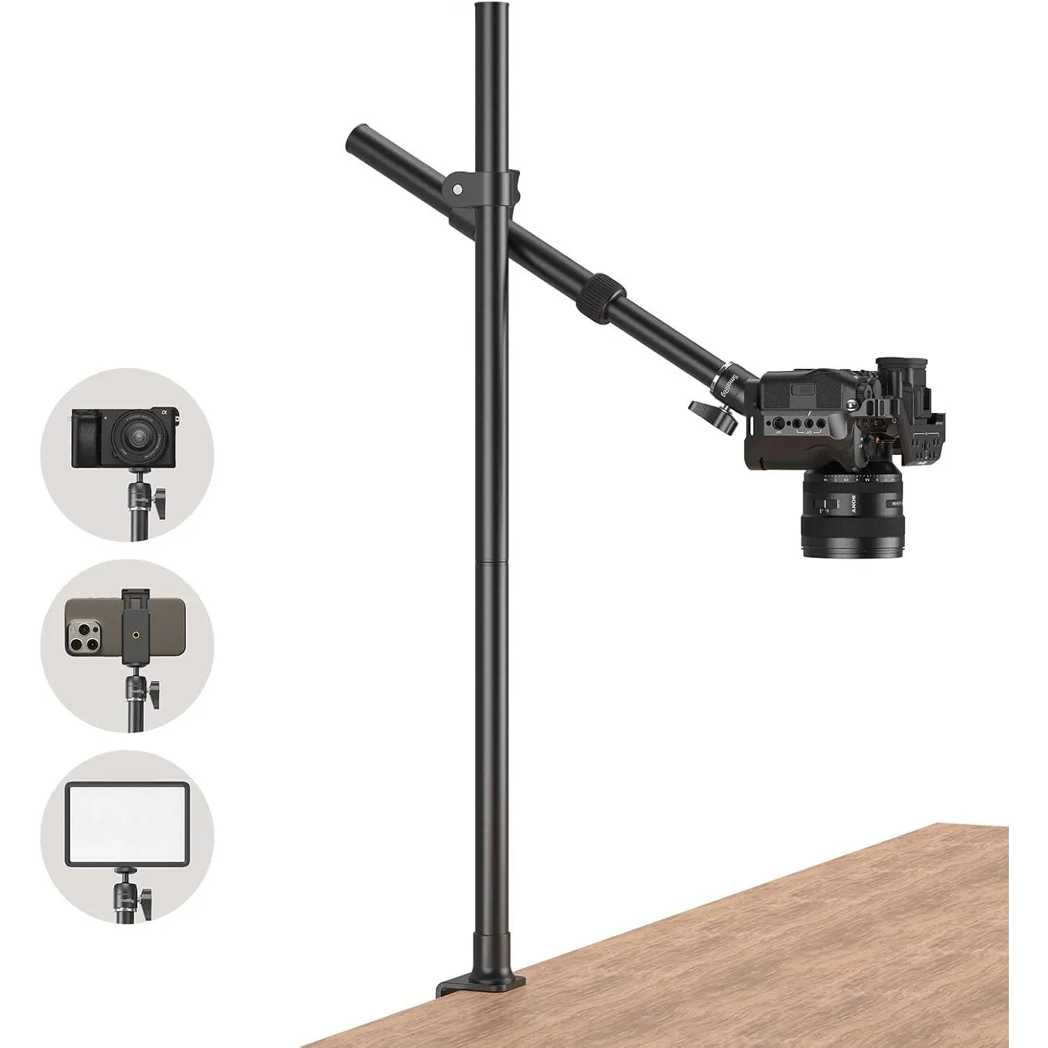 Camera Desk Mount, Overhead Camera Arm Stand for Desk with 360° Ball ,for DSLR Cameras, Cell Phones, Lights, Microphones