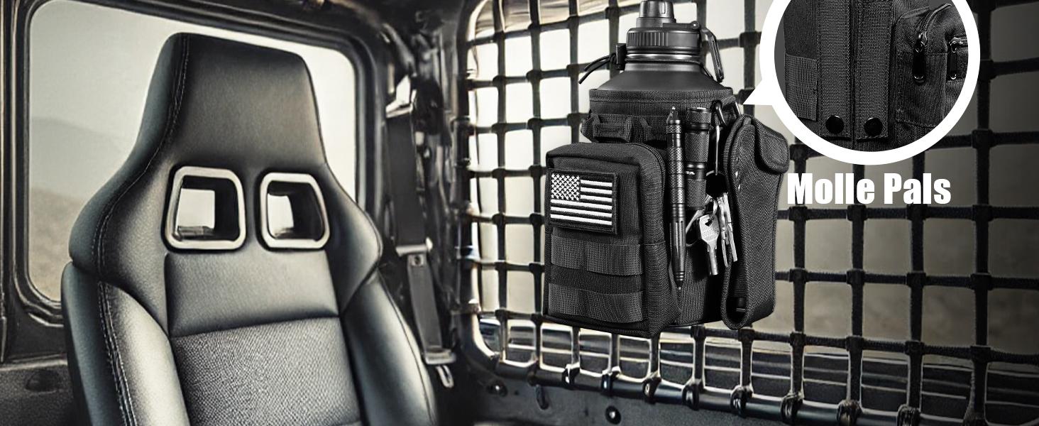 Tactical Half Gallon Water Bottle with Straw, 64 Oz Insulated Water Jug with Molle Water Bottle Holder, Stainless Steel Sport Bottle with 3 Lids for Gym Workout Hiking (Black)