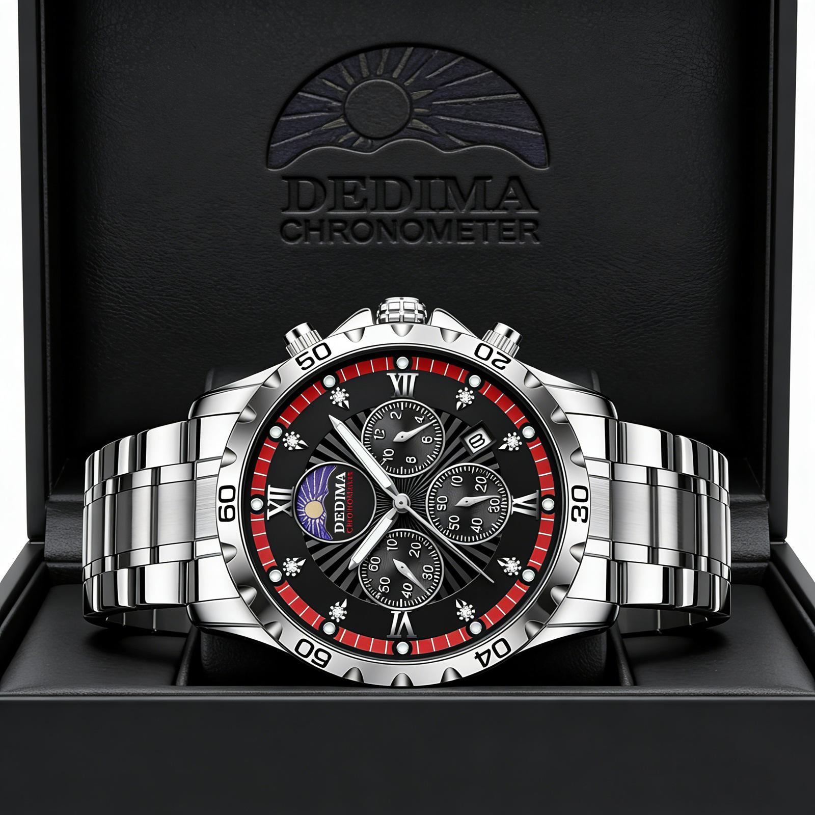 Men's Quartz Watch PE903 Movement 42mm Dial Luminous Display Calendar Moon Phase 30M Waterproof Stainless Steel Strap Business Style Hot-Selling Item