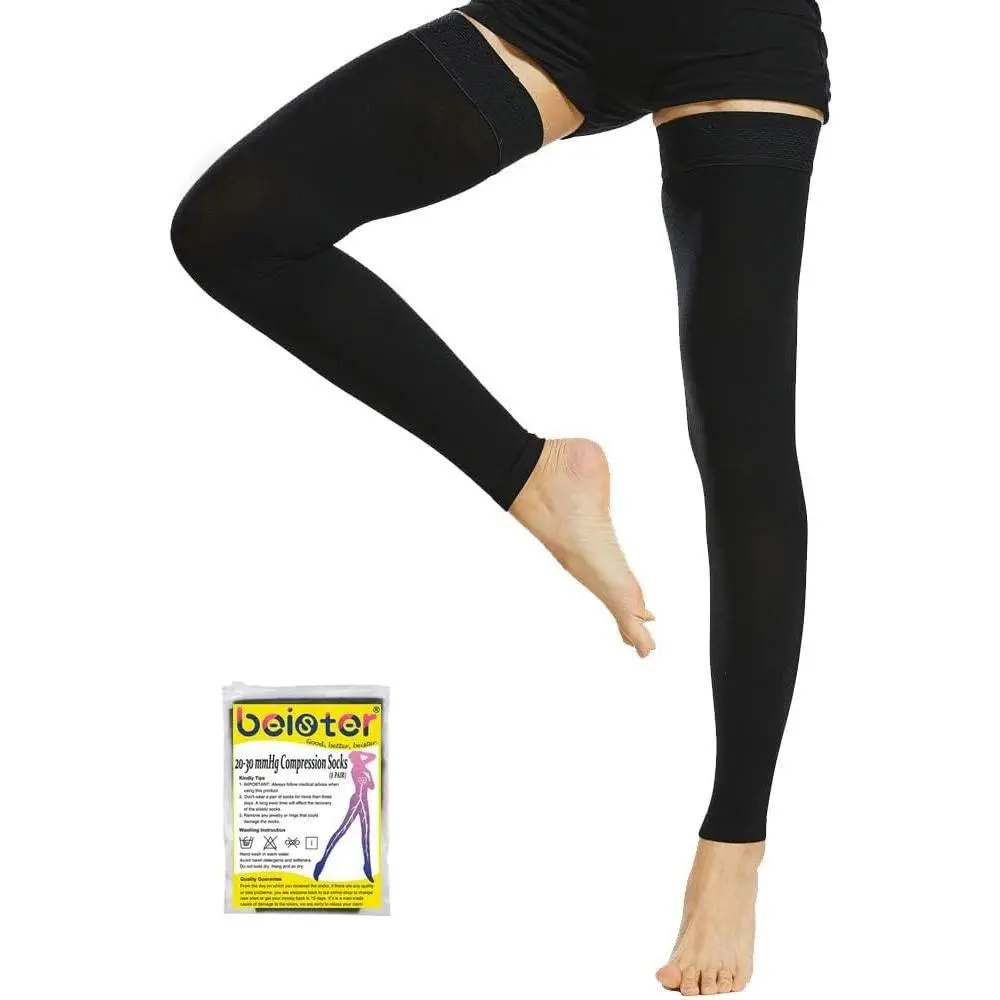 Beister Thigh High Compression Stockings with Silicone Band for Women & Men, 20-30 mmHg Footless Graduated Support Sleeves, Medical Compression Hoses for Varicose Veins, Edema, Flight
