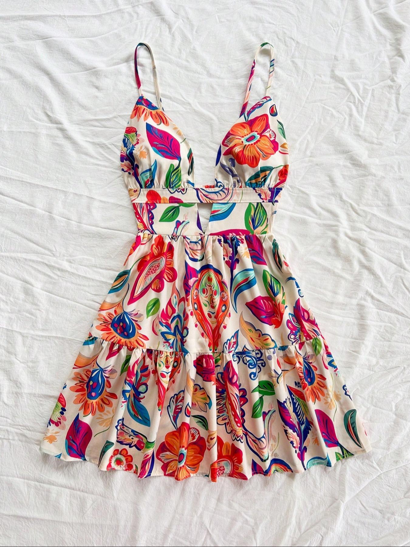 Women's V-Neck Backless Mini Dress, Animal and Floral Print Woven Summer Holiday Style, Perfect for Beach and Spring Fashion, Casual Wear