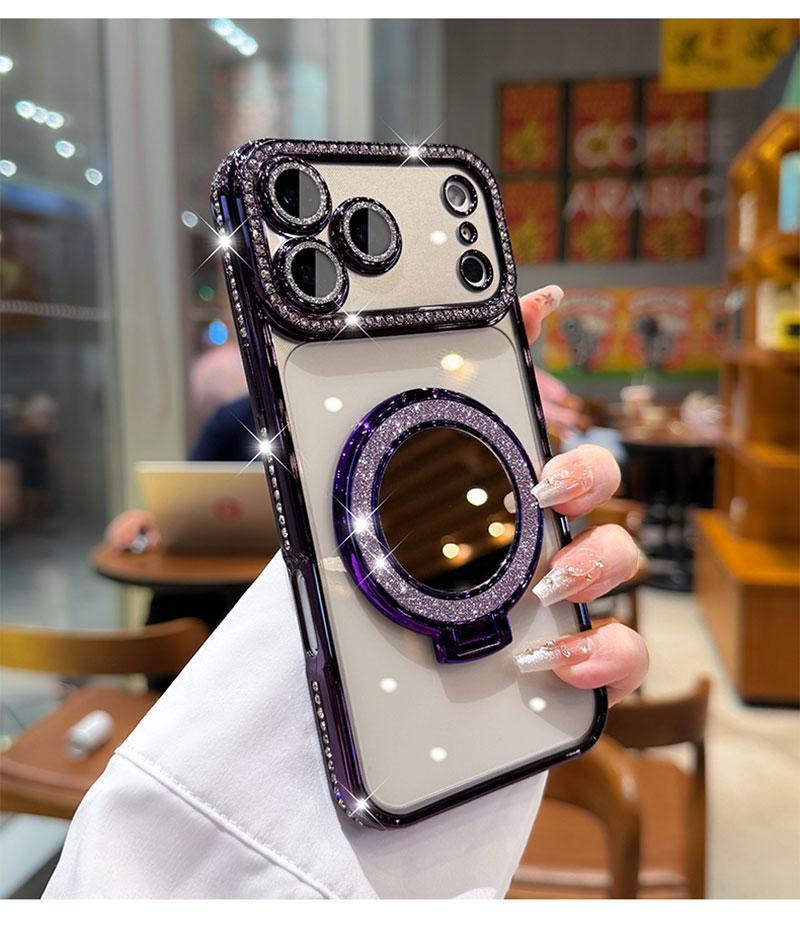 Women's Phone Case with Mirror & Stand for iPhone 12/13/14/15/16/17 Pro Max,17Air,14/15/16 Plus. Features a shiny frame, high-definition transparent material, and full-body drop-resistant design.