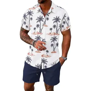 Wyeysyt Men's Summer Beach Outfits 2 Piece Hawaiian Vacation Short Sleeve Shirts and Shorts Set