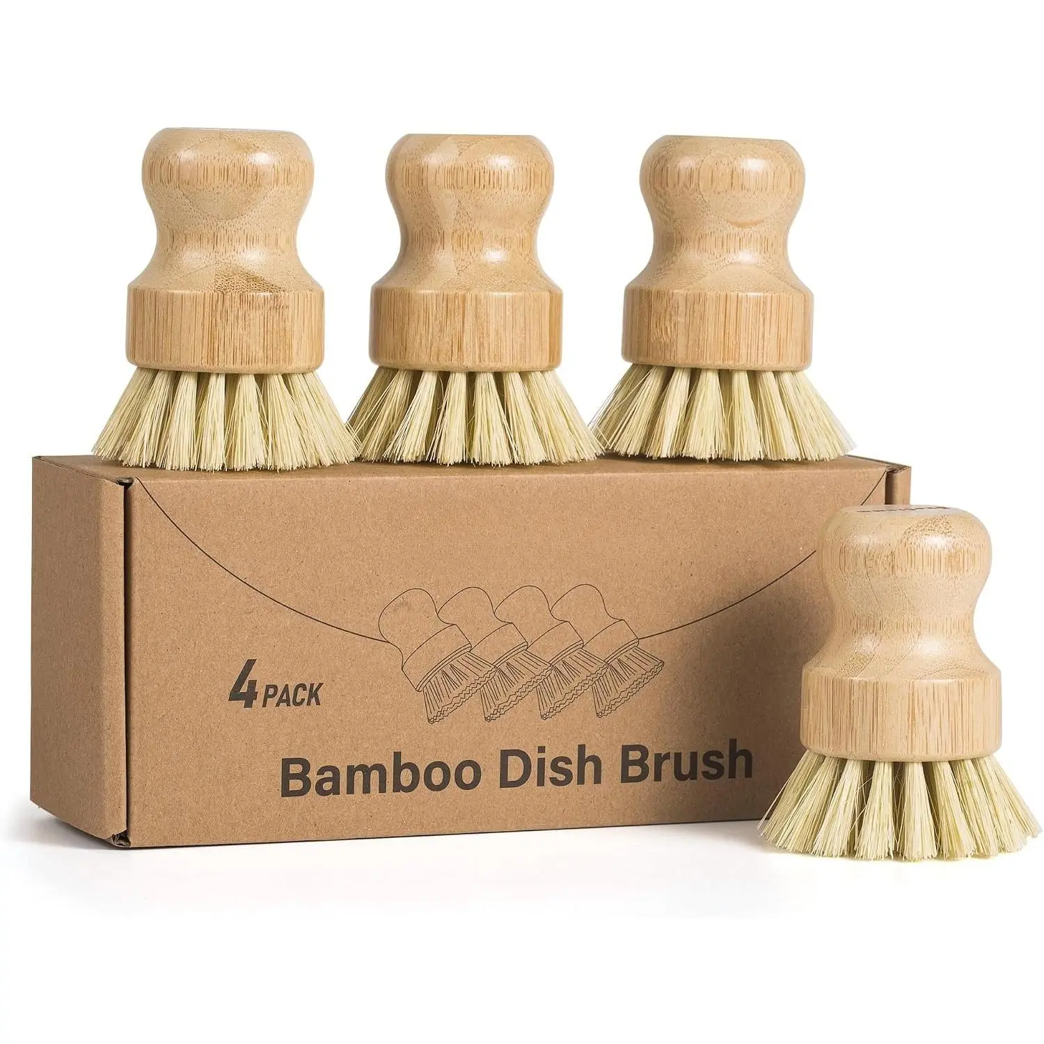 4 Pack  Dish Brush with Sisal Bristles for Kitchen Cleaning