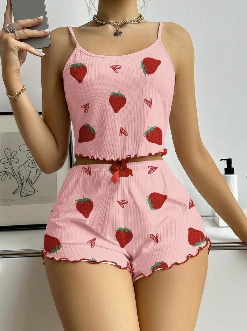 Casual pajama set, cherry and heart print, spaghetti straps, ruffled hem, short set, polyester 95% spandex 5%, 180g/m², perfect for Valentine's Day gift, suitable for all seasons Fabric Loungewear Nightwear Womenswear Pyjamas Pjs