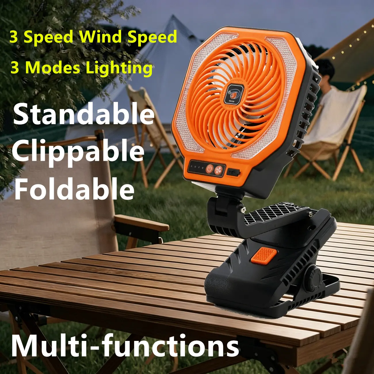 Rechargeable Electronic Camping Tent Fan with LED Light, 3 Speeds, Adjustable Blades, USB Charging Cable, Portable Outdoor Cooling Device
