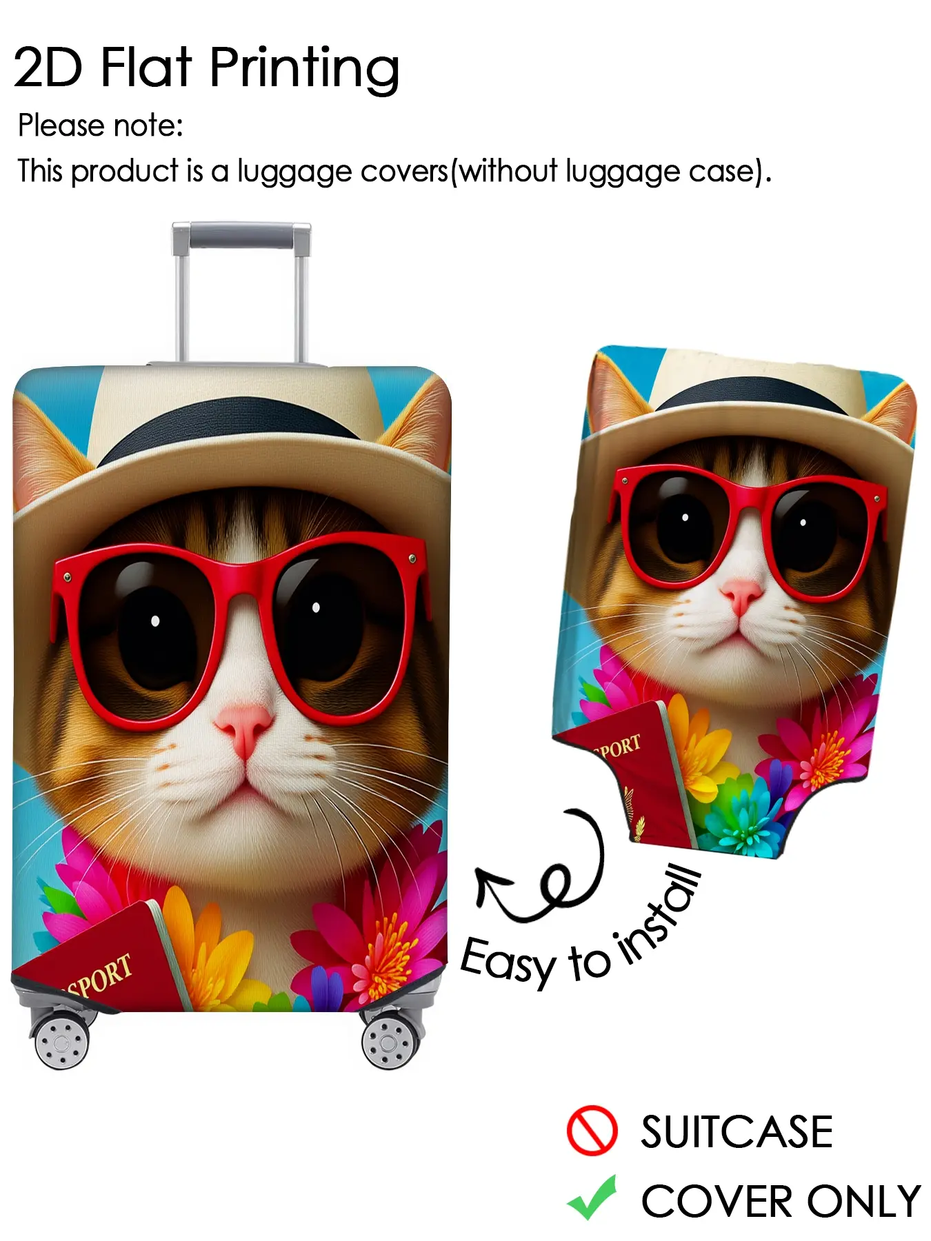 Holiday sunglasses, flower cat travel picture, luggage cover, luggage protection cover, elastic fabric, personalized pattern not easily confused, suitable for 18-32 inch luggage, essential travel accessories, Traveling Essentials