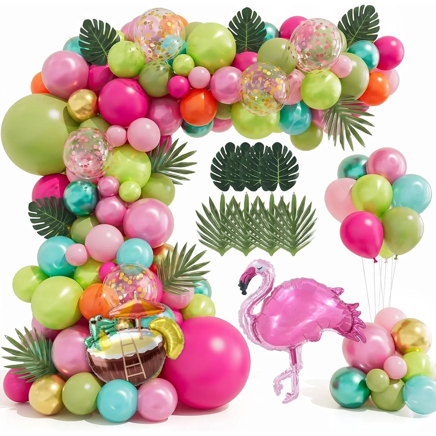148 count Tropical Balloons Arch Garland Kit, Hawaiian Luau  Party Decorations Olive Green Hot  Orange Rose  Confetti Balloons Palm Leaves for Summer Beach Pool  Shower Birthday