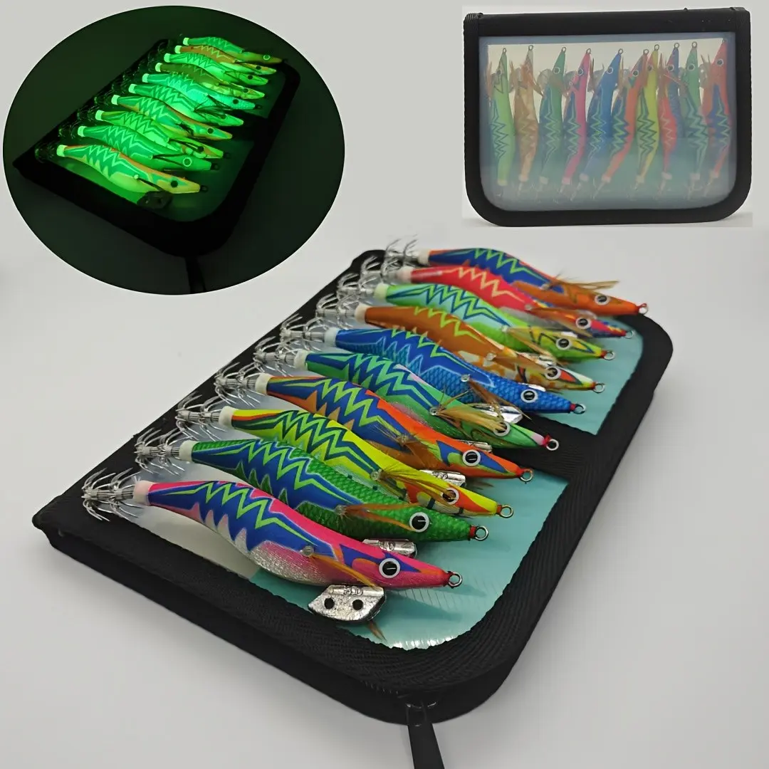 Luminous Squid Fishing Bait, Sea Fishing Bait with Luminous Squid Hook, Wood Shrimp Bait for Effective Nighttime Fishing