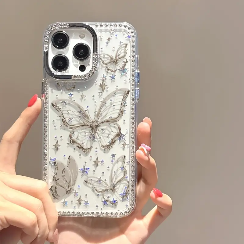 Luxury Bling Transparent TPU Plastic Phone Case - Hollow Silver Butterflies, Star Glitter Shine Rhinestone Frame, Shockproof Protective Cover for iPhone 11,12,13,14,15,16,17 Air Pro Max, Women's Accessory, Smartphone