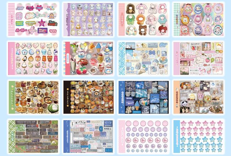Kawaii Stickers 72sheets/pack Cute cartoon style Mixed materials Multipurpose scrapbook DIY decorative collage