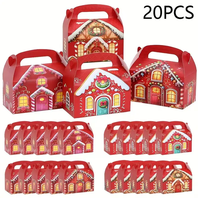 Christmas Gift Boxes, 20Pcs,Sturdy Paper Gift Boxes with Handles, Red Gingerbread House Design for Candy, Cookies & Small Gifts, Christmas Party, Holiday Gift Packaging, Birthday, New Year