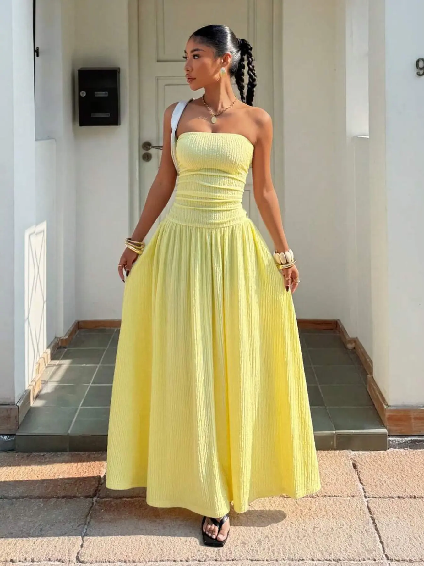 Women's Solid Color Ruched Bustier Dress, Vacation Style, Casual Sun Dress, Long Dress, Polka Dot Dress