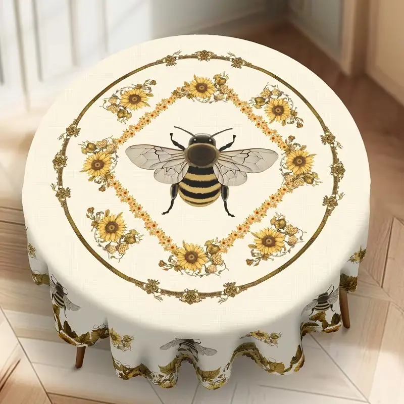 2D Flat Party Tablecloth 1pc, Round Sunflower Bee Design, Indoor Outdoor Use, Perfect for Daily, Parties, Dinners, No Power Needed