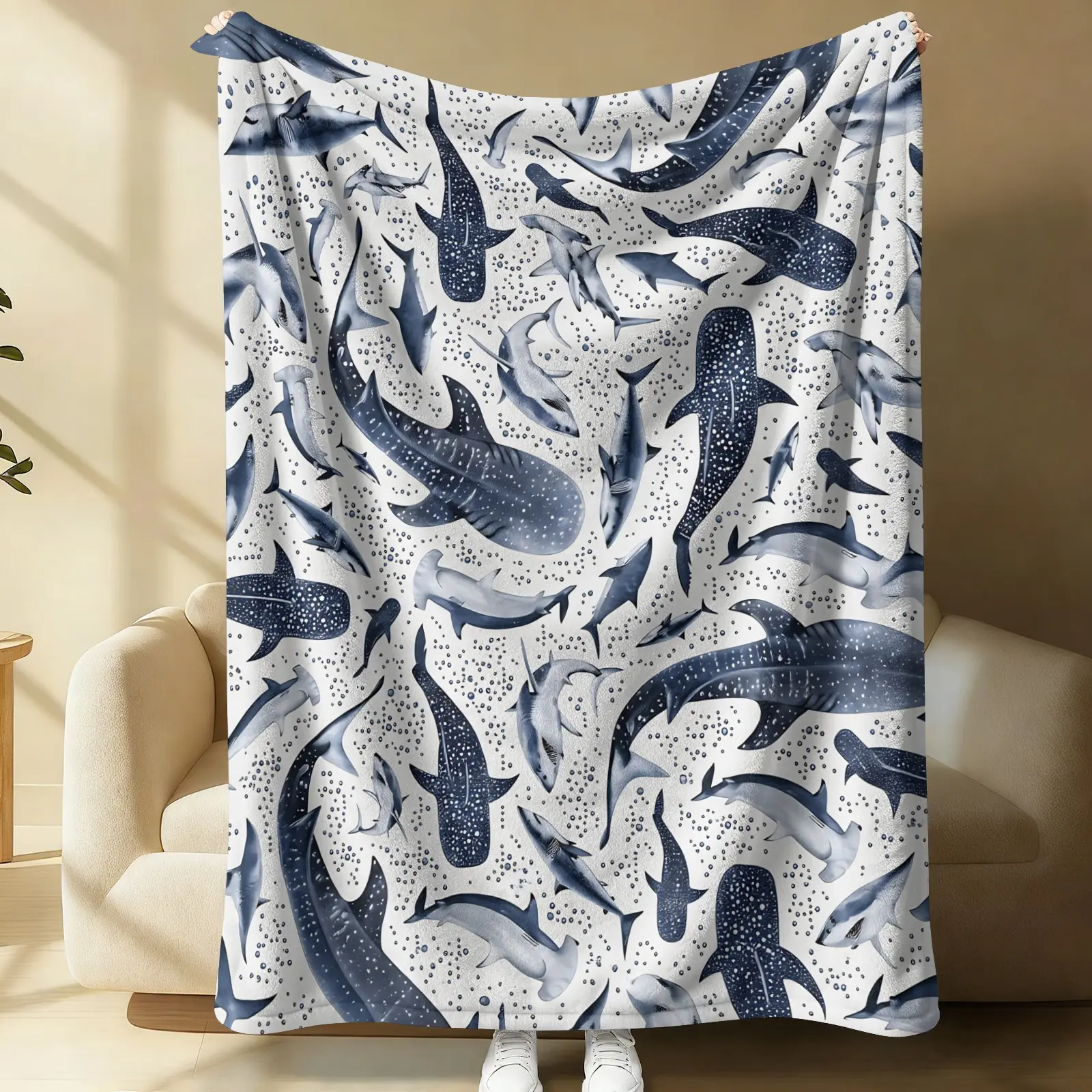 Blue Whale Shark Print Flannel Cozy Throw Blanket, Nautical Ocean Sea Animal Pattern, Lightweight Soft Multi-use Blanket for Nap, Camping, Travel & Home Sofa Bed, Marine Themed Gift for Kids Ocean Lovers