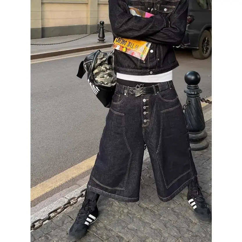 Unisex Unique Heavyweight Button Fly Jeans American Trendy Summer Plus Size Loose Versatile Wide Leg Cropped 7/8 Denim Pants Retro Hip Hop Streetwear Daily Casual Fashion Outfit For Men Women