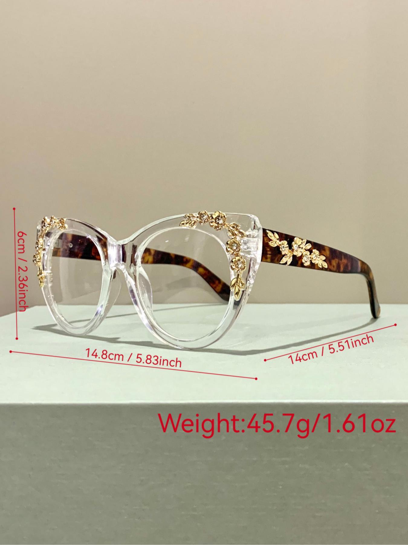 Women's Elegant Leopard & Flower & Rhinestone Decor Eyeglasses, Trendy Casual Cat Eye Frame Eyeglasses for Everyday Use, Fashion Accessories for Women & Girls, Leopard Pattern Eyeglasses, Stylish Glasses, Stylish Trendy Eyewear
