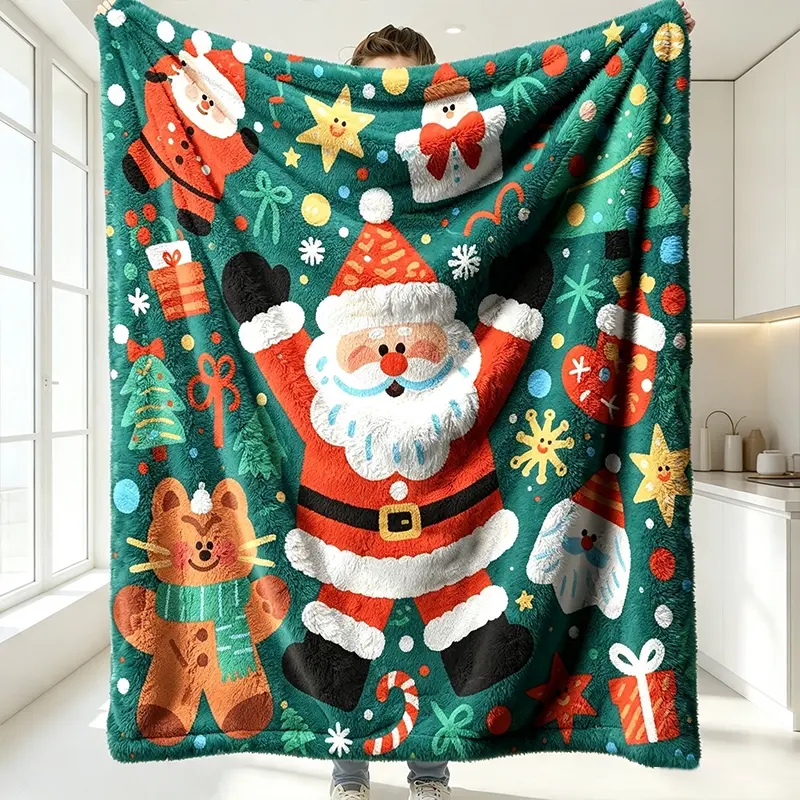 Christmas Themed Plush Throw Blanket, Cute Santa Reindeer Xmas Print Decorative Blanket, Soft Cozy Holiday Throw for Sofa Couch Bed Christmas Party Home Decoration