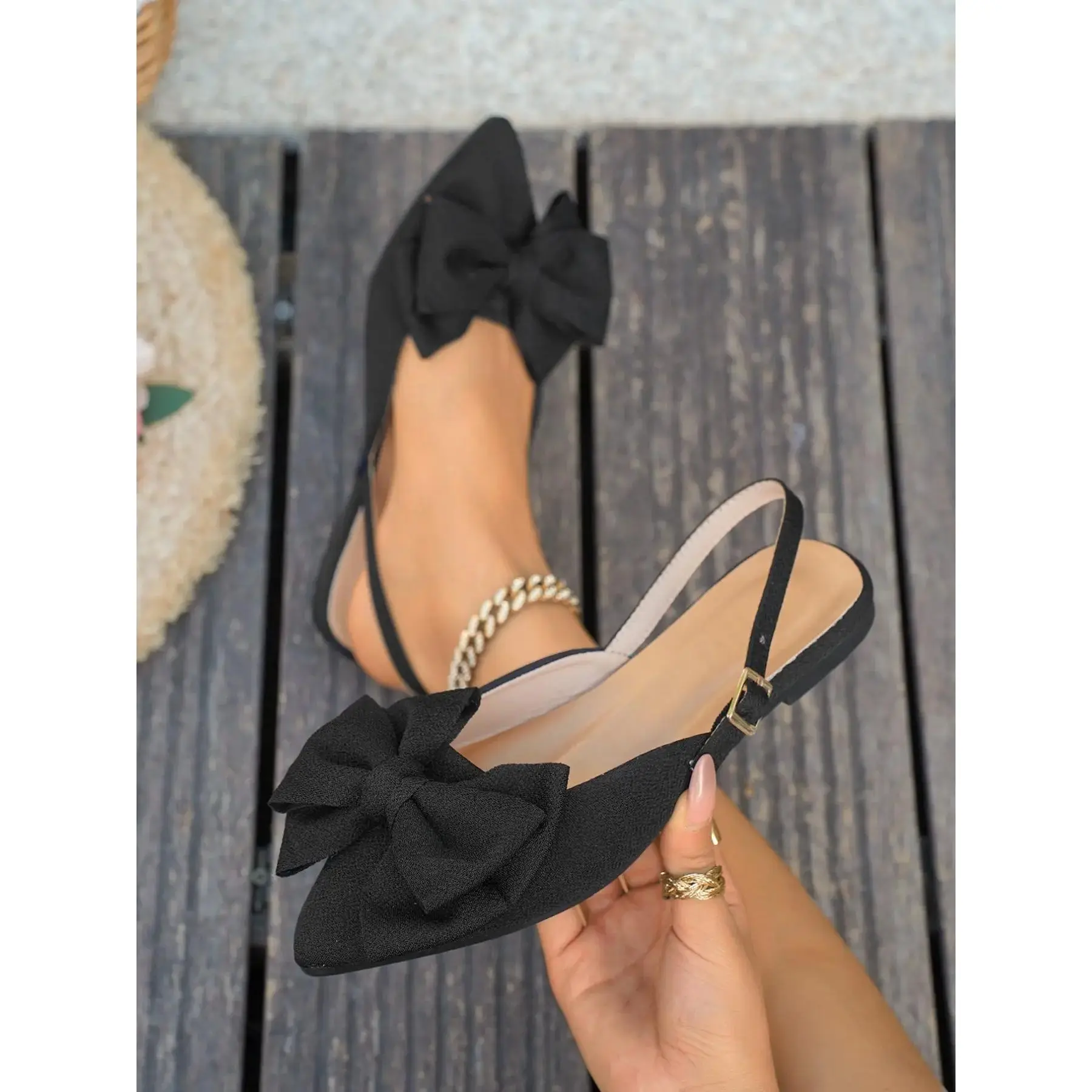 YYW1 New Women's Bow Pointed Toe Backless Flat Shoes, Bow Decoration, Soft Rubber Sole Comfortable and Versatile, Casual Textile Sneakers, Classic, Casual Sandals