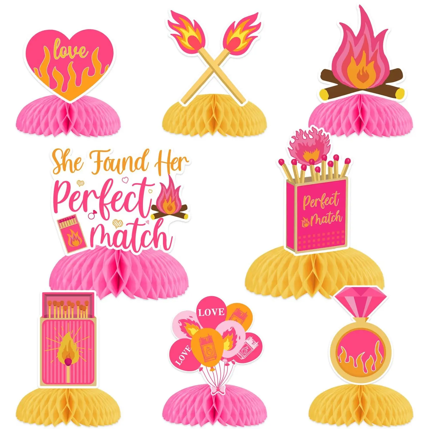 8PCS Perfect Match Bachelorette Table Decoration She Found Her Perfect Match Bachelorette Honeycomb Centerpieces Match Made in Heaven Bridal Shower Decor for Wedding Engagement Party