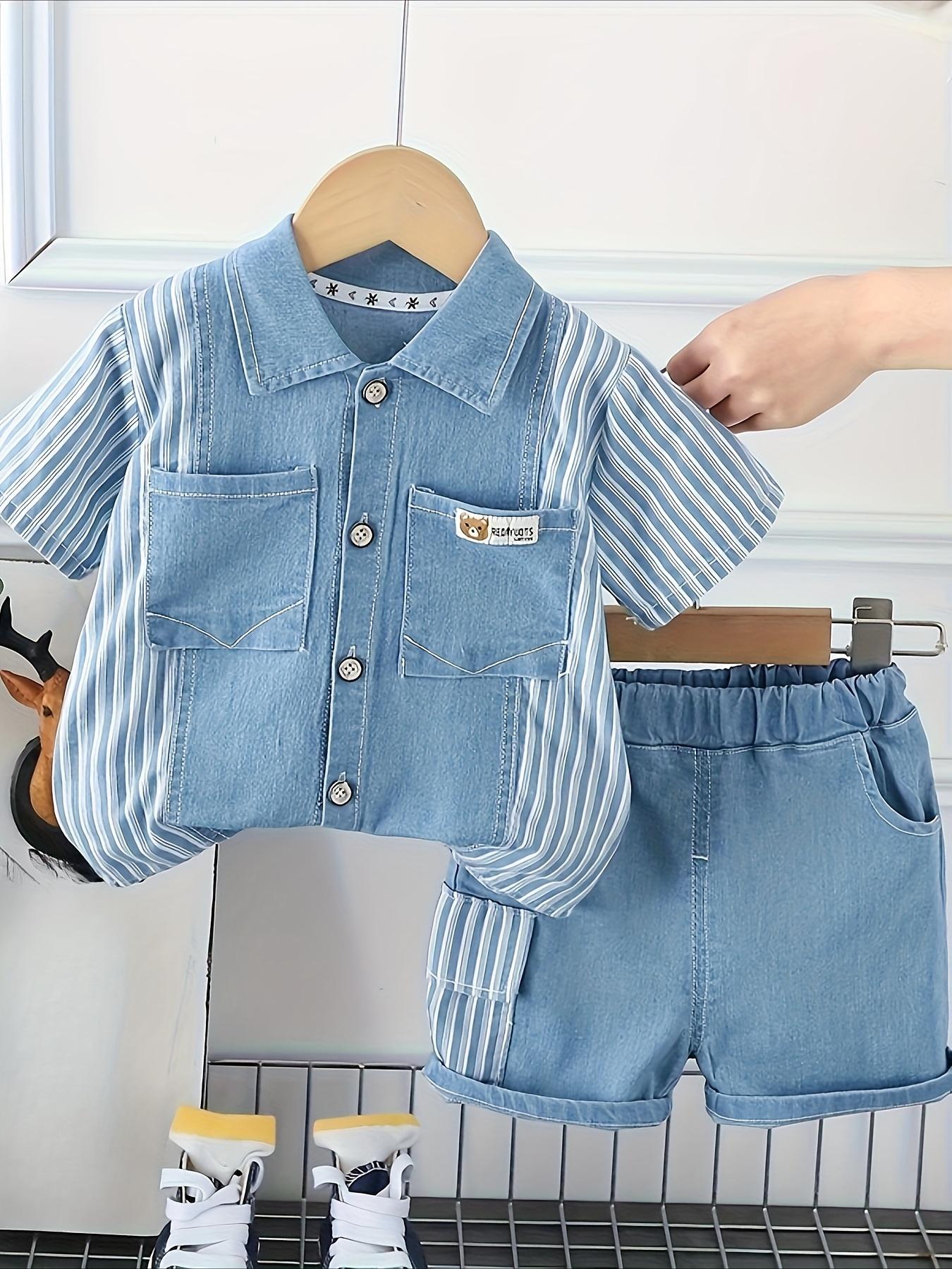 NewBoys' Casual Fashion 2pcs Set, New Summer Style Boys' Short-Sleeve Denim Outfit with Vertical Pockets and Bear Head Design, Perfect for Outdoor(Gift)11