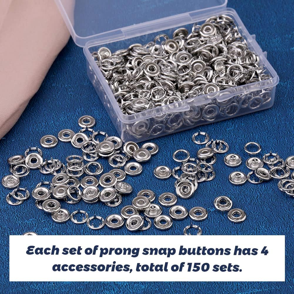 150 Sets Snap Button, 9.5mm Metal Snaps Buttons for Sewing and Crafting, Open Prong Snap Button Snap Fasteners Kit for Jeans, Fabric, DIY Craft, Clothing Fasteners 150 Sets Snap Button, 9.5mm Metal Snaps Buttons for Sewing and Crafting, Open Prong Snap Button Snap Fasteners Kit for Jeans, Fabric, DIY Craft, Clothing Fasteners