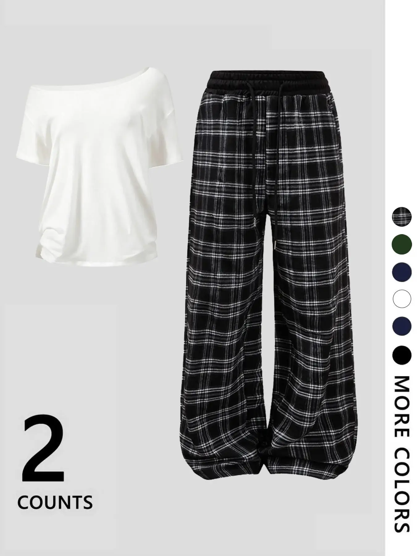 Women's Off-Shoulder Loose Short Sleeve Top with Plaid Pants Set, Casual, Fashionable and Comfortable, Ideal for Daily Activities and Home Wear