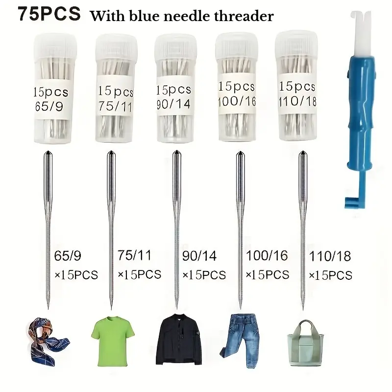 75pcs with Blue Needle Threader Sewing Machine Needles Set - Sizes 65/9, 75/11, 90/14, 100/16, 110/18 - Compatible with Home Sewing Machine - Essential Sewing Machine Supplies