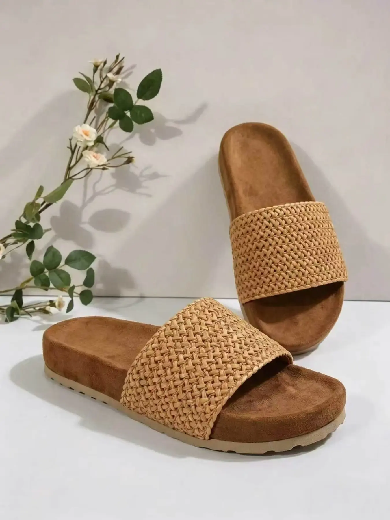 Vintage Braided Raffia Strap Slide Slippers, Summer Slippers, Women's Comfort Suede Footbed, Flat Beach Sandals, Fashion Outdoors Shoes