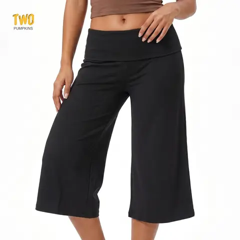 Fold Over Capri Pants For Women Low Rise Wide Leg Yoga Capris Summer Cute Going Out Flowy Gaucho Pants Streetwear