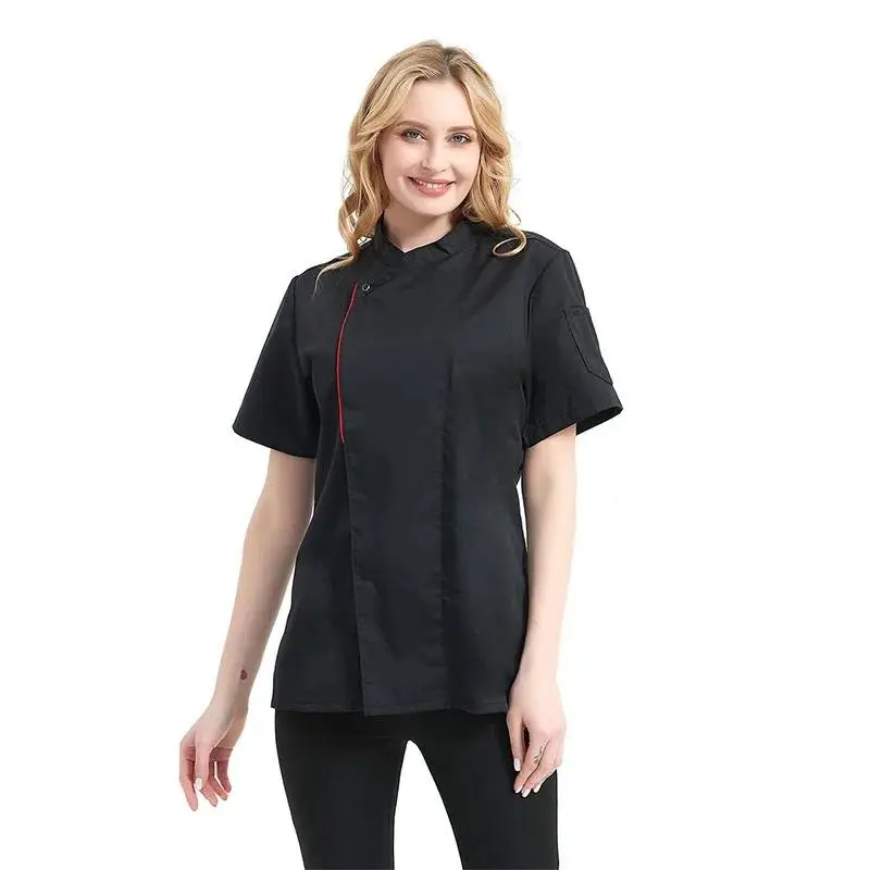 Women's Fitted Basic Button Short-Sleeve Chef Shirt, Unisex Workwear Uniform Wear for Kitchen Restaurant Cook Waiter Overalls