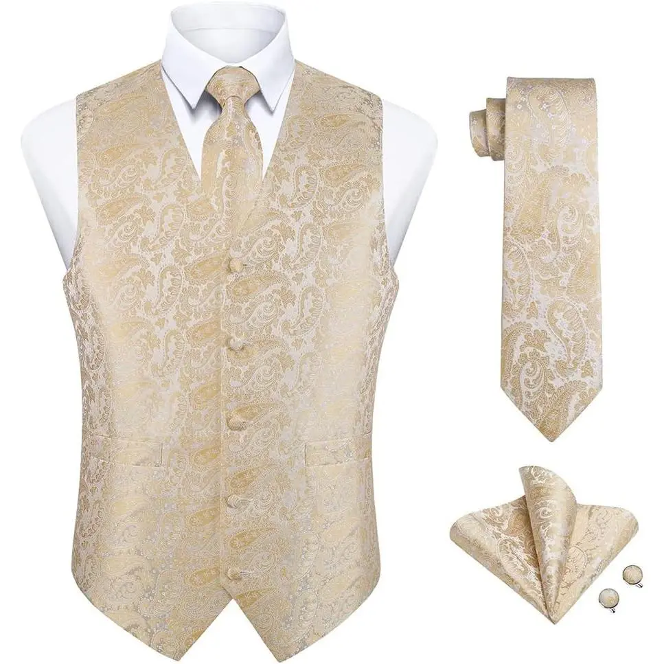 Elegant Stylish Men's Sleeveless Floral Paisley Waistcoat Set with Matching Dress Tie, Pocket Square, Cufflinks, Strap - Formal Wear for Wedding, Business