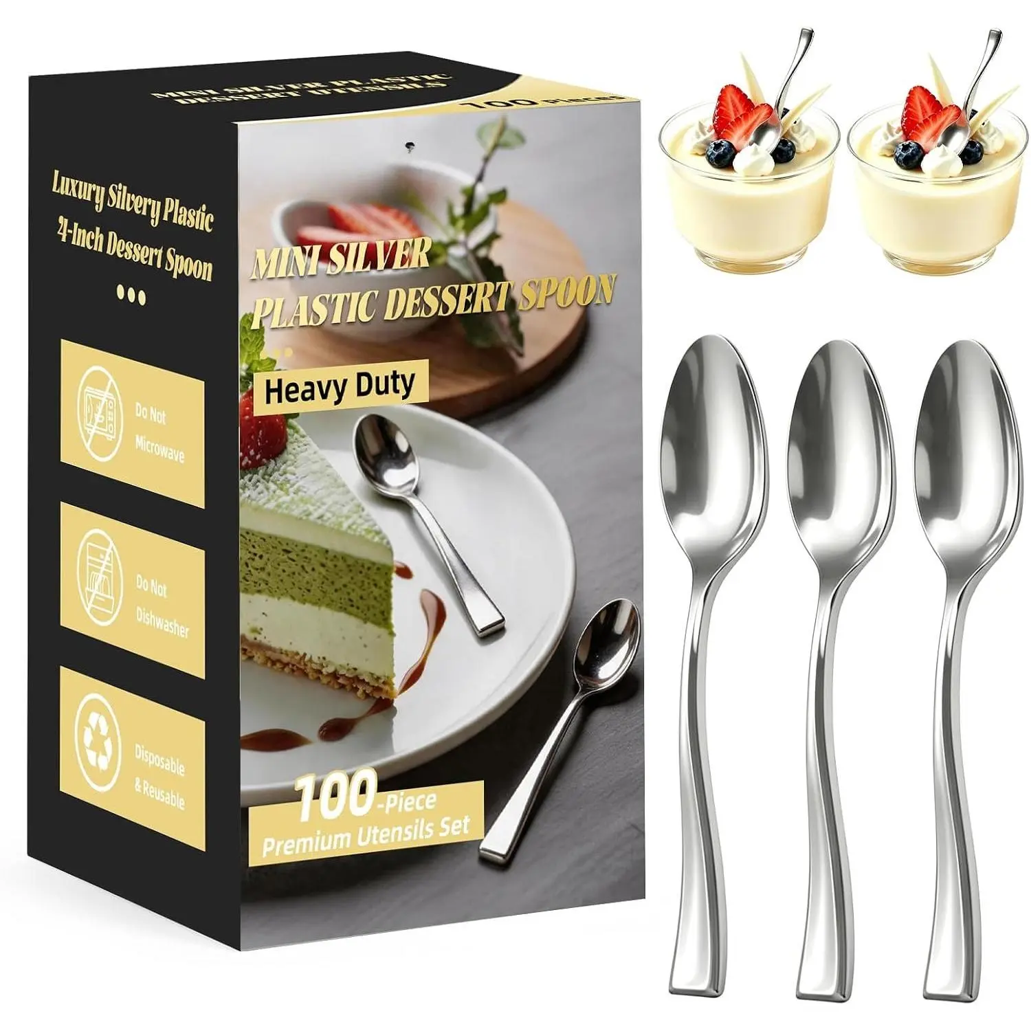 Mini Plastic Spoons, 100 Pack, 4 Inch | Heavy Duty Dessert Spoons, Disposable & , 4 Bags of 25, for Cake Ice Cream Pudding Appetizers Wedding Party