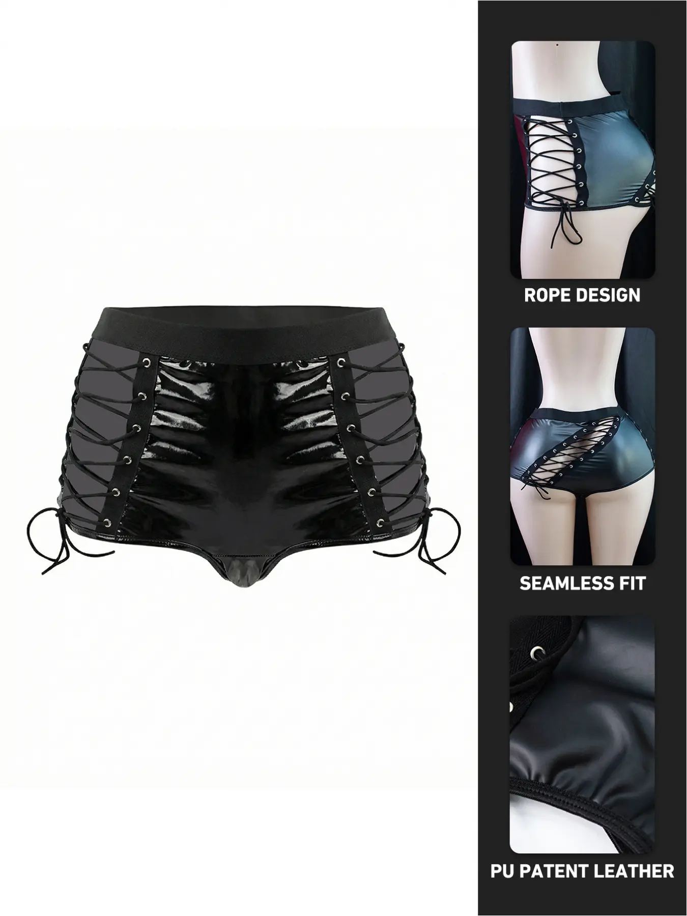 Women's Sexy PU Leather Shorts, Vacuum Translucent, Strap Design, Seamless, Fit, Perfect for Parties and Valentine's Day, Elegant Sleepwear, Underwear, Boyfriend Gift