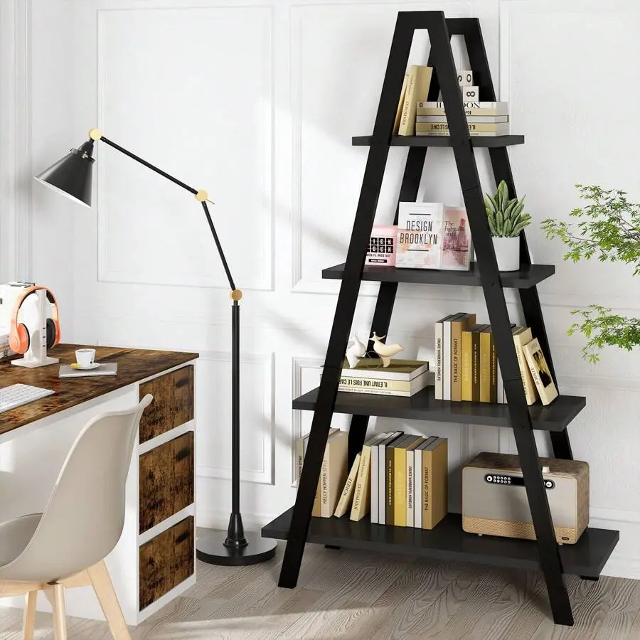 Industrial 4-Tier Multi-Tiered Bookshelf with Triangular Metal Frame, for Home Office, Living Room