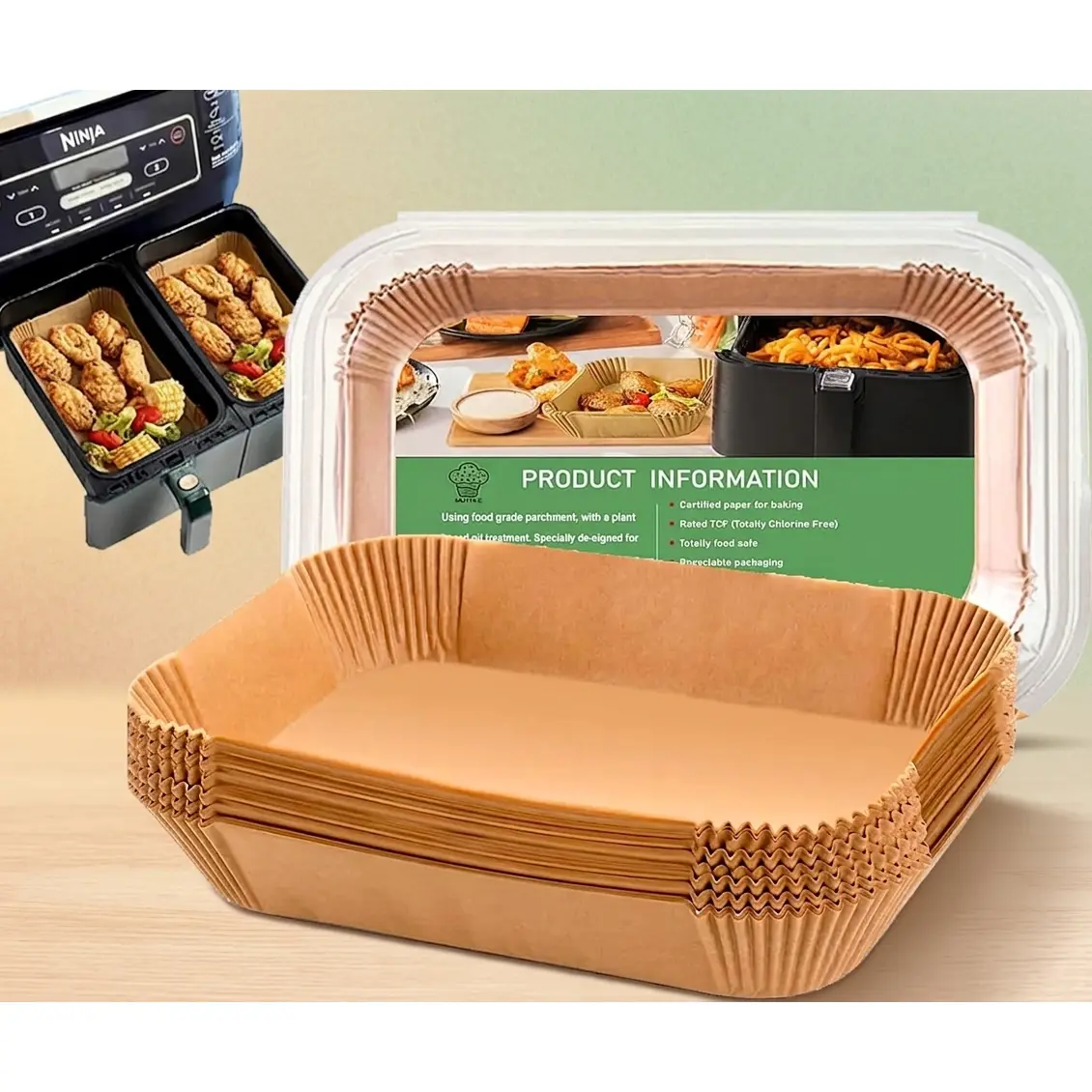 [ HUOMAQFAN]100 PCS Rectangular Air Fryer Paper Liners for Bella 4Qt Slim, Ninja DualZone DZ201 DZ401, Foodi Smart XL Grill, 1.5x Thicker Unbleached Parchment Paper, Disposable Non-Stick Oil-Proof Liners