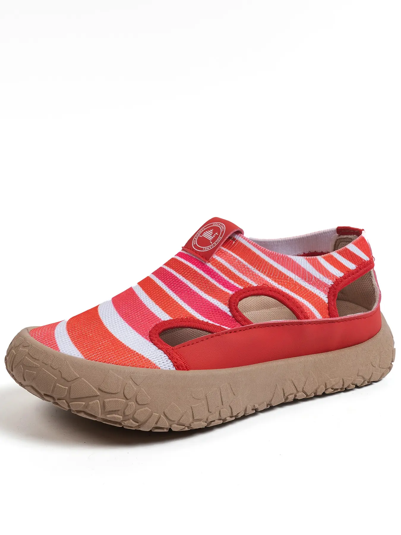 Women's Striped Hollow Out Sandals, Elastic Net Slip-On Shoes, Deep Texture Anti-Slip Thick Sole, Breathable Casual Footwear