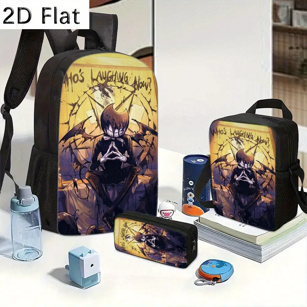 Waterproof 3-in-1 Oxford Backpack Combo, Insulated Lunch Bag Pencil Pouch, Bendy Horror Game "Who's Laughing Now?"Grunge Art Print, Breathable Padded Straps for School Daily Outdoor Casual Trips