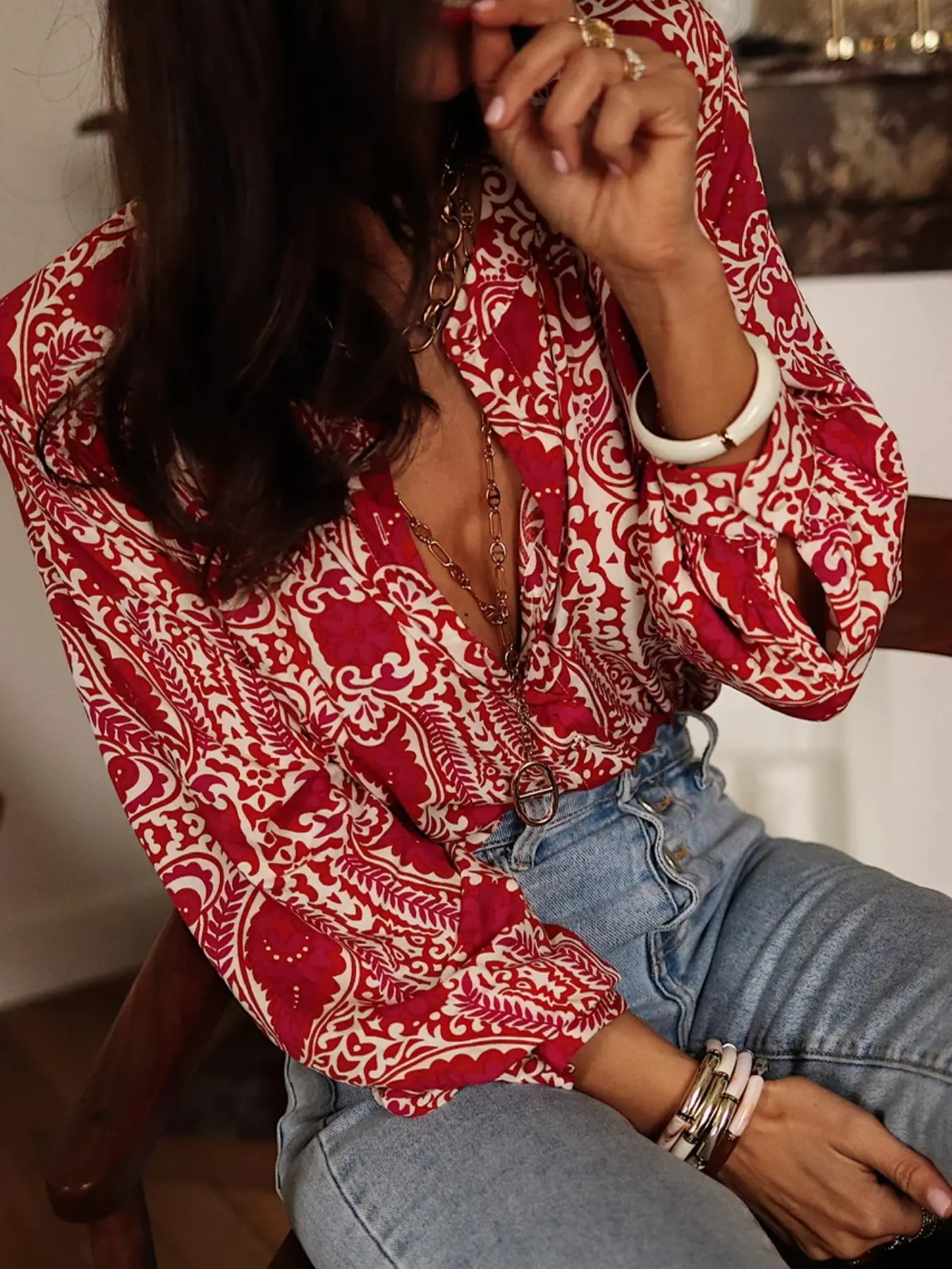 Women's Elegant Vintage Deep V Neck Paisley Print Long Sleeve Shirt, Comfortable Loose Fit, Ideal for Special Occasions, All Seasons, Boho Print Blouses