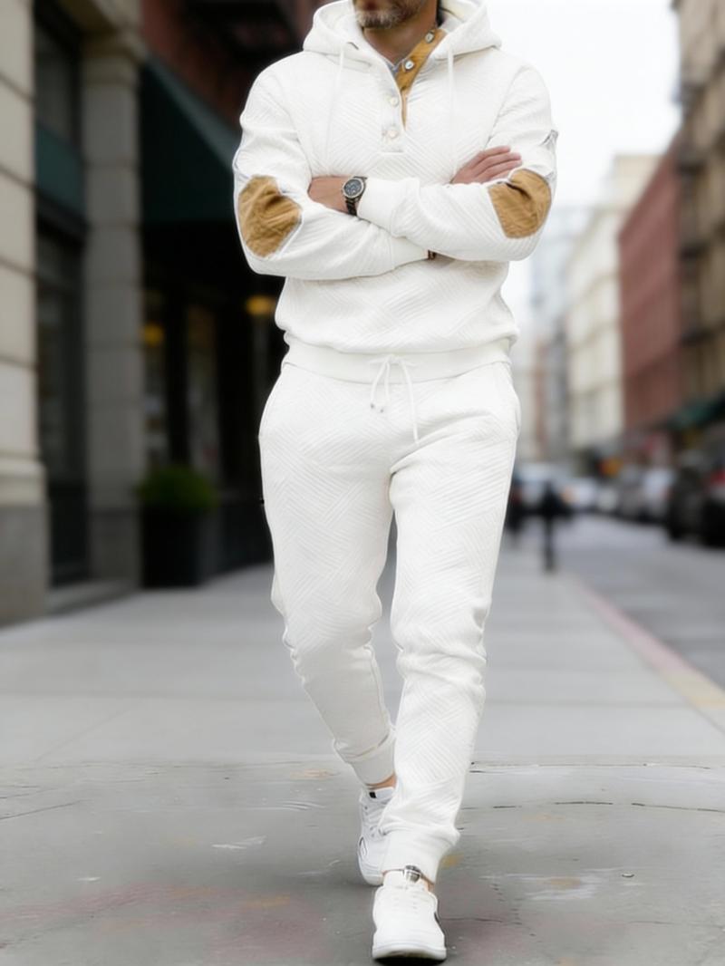 Vintage Style Men's 2-Piece Loungewear Set - Textured Fabric Hoodie with Button Placket & Contrast Details Casual Beige