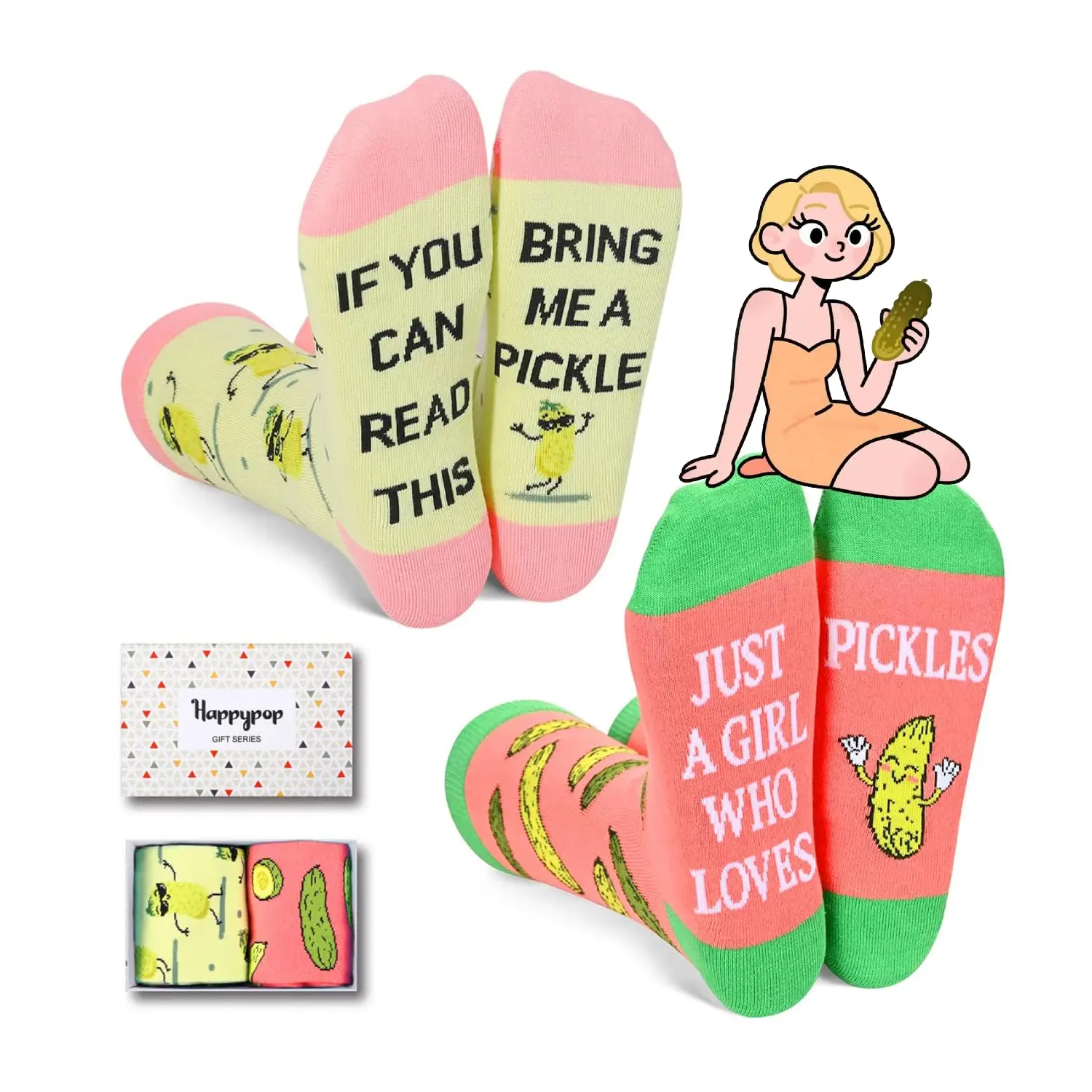 HAPPYPOP Funny Pickle Socks Women Teen Girls - Pickle Lover Gifts Dill Pickle Presents, Food Socks Two Pack