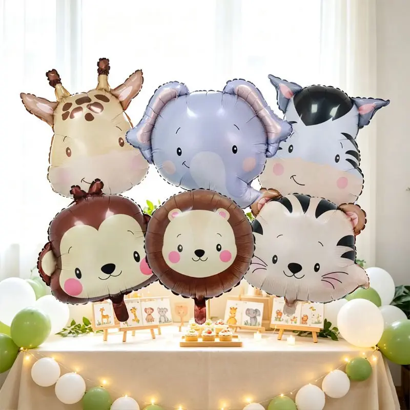 6 Piece Cartoon Jungle Animal Head Balloon Set,Aluminum foil balloons featuring giraffe, elephant, tiger, lion, monkey, zebra heads，Suitable for a jungle-themed birthday part，Baby Showers, Gender Reveal，Wildlife Park Event Setup，Children's Room Decoration