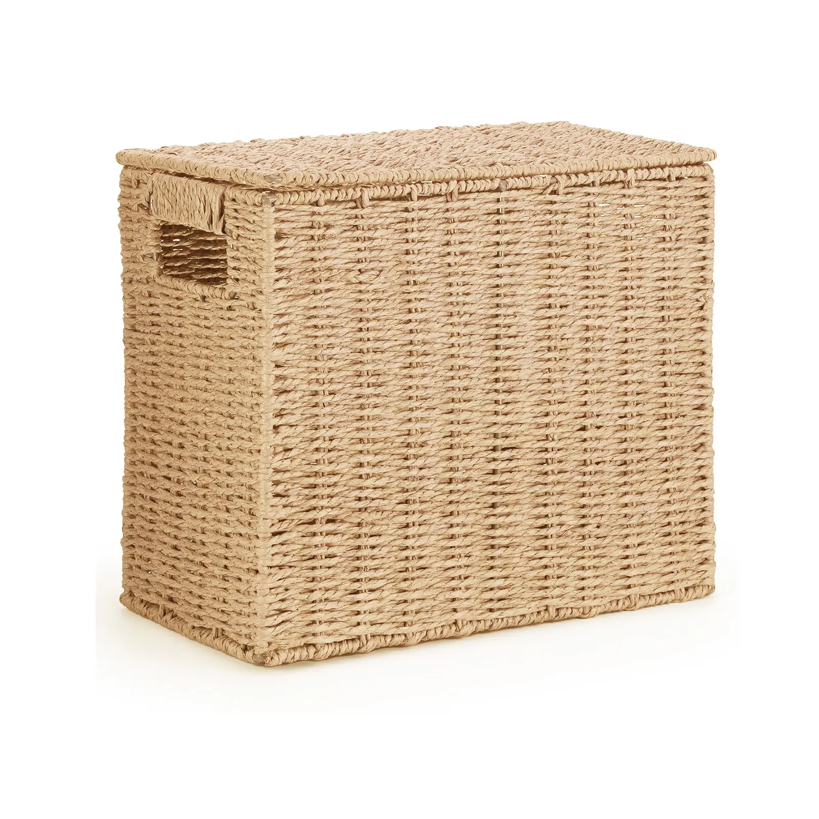 Woven Paper Rope Toilet Paper Storage Basket with Lid - Holds 6 Rolls, 14 in Tall - Freestanding Bathroom Organizer with Metal Frame for Narrow Spaces - Multi-Purpose Caddy for Towels & Decor