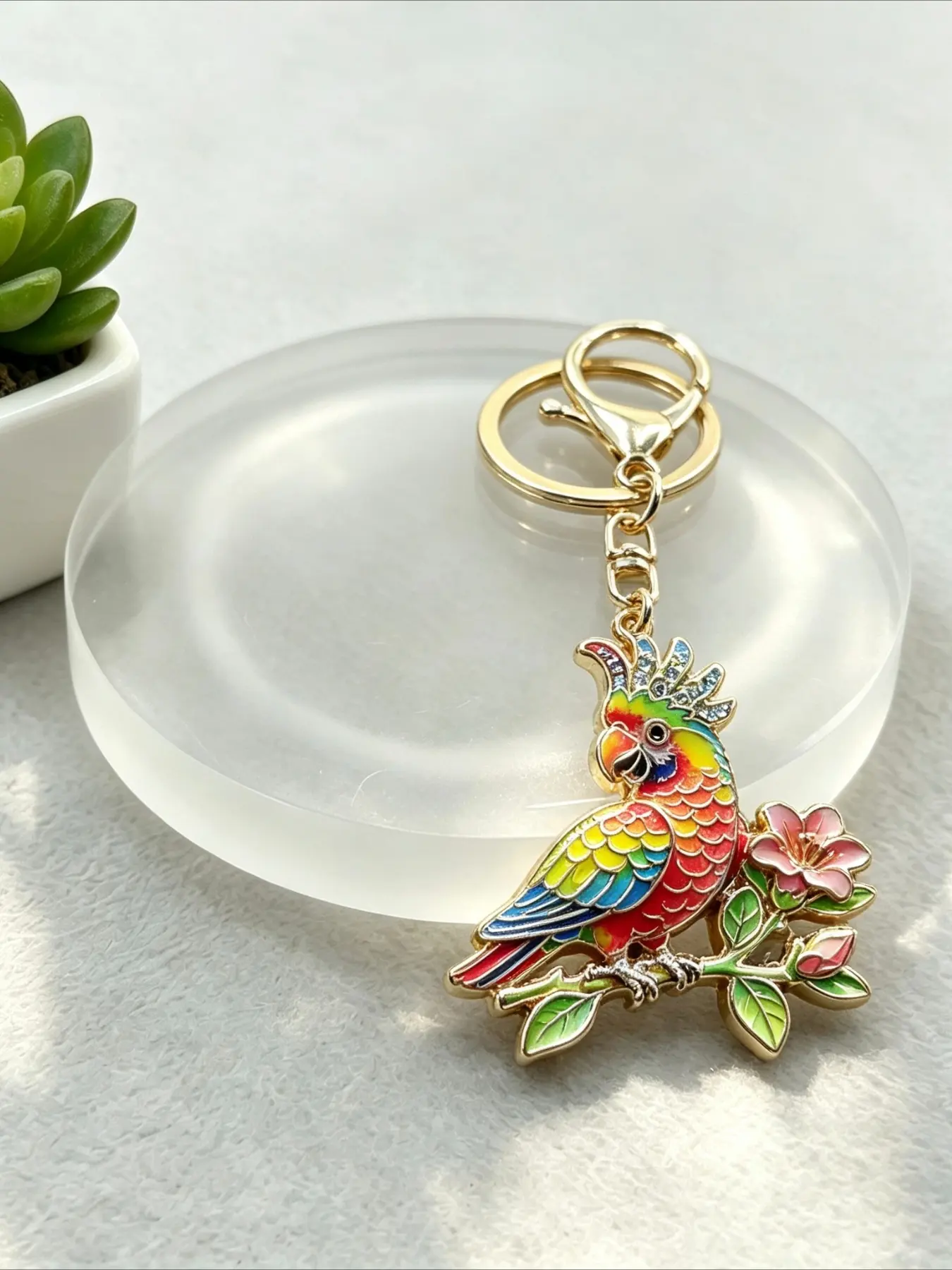 Exquisite Colorful Cockatoo Parrot Keychain, Flower Branch Crown Bird Pendant Key Ring, Bag Charms Accessories for Car Purse Backpack, Gift for Friends Bird Lovers