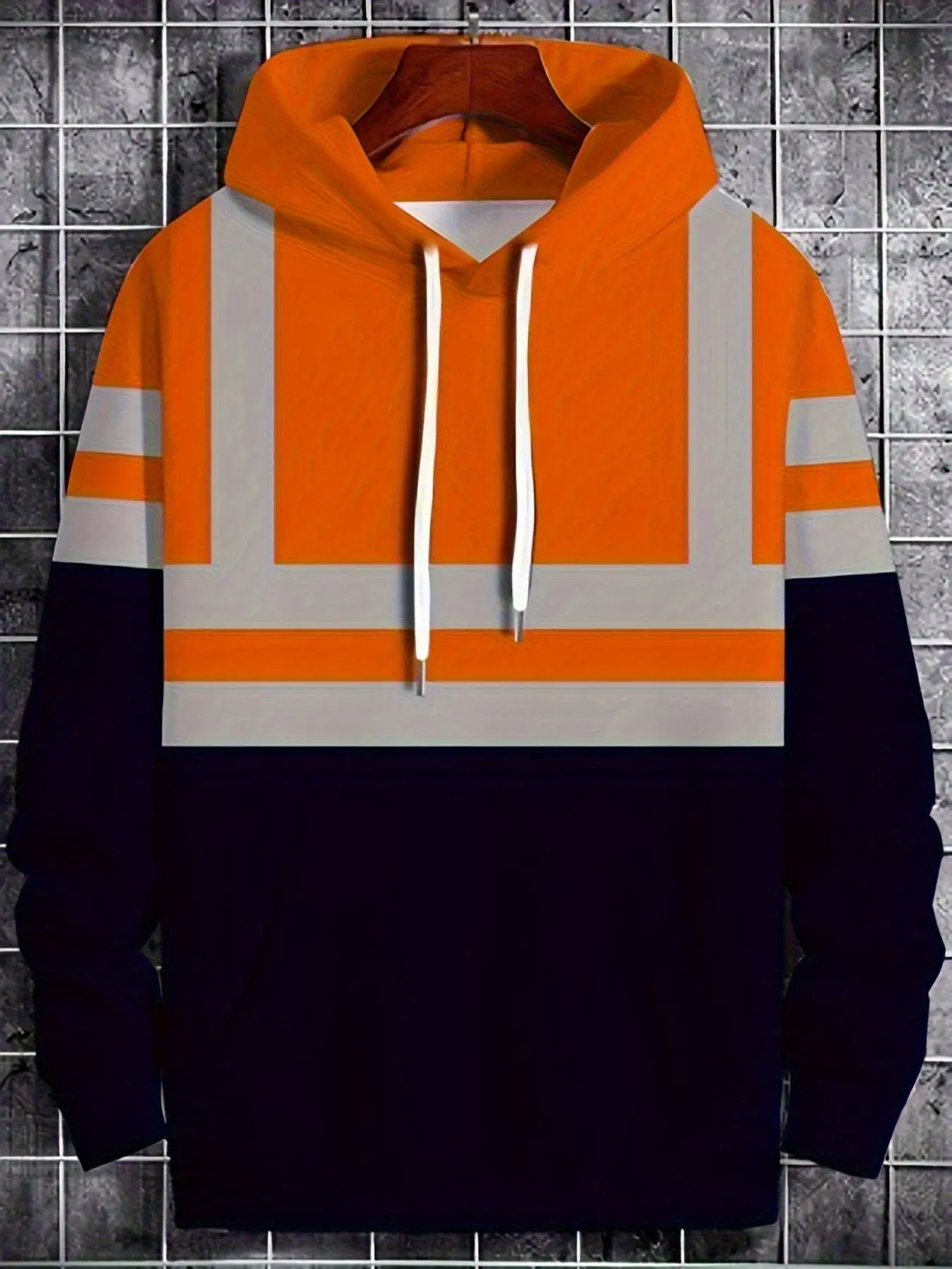 Reflective Safety Stripe Print Hoodie, Loose Fit Long Sleeve Sweatshirt for Men, Fall Winter Construction Workwear