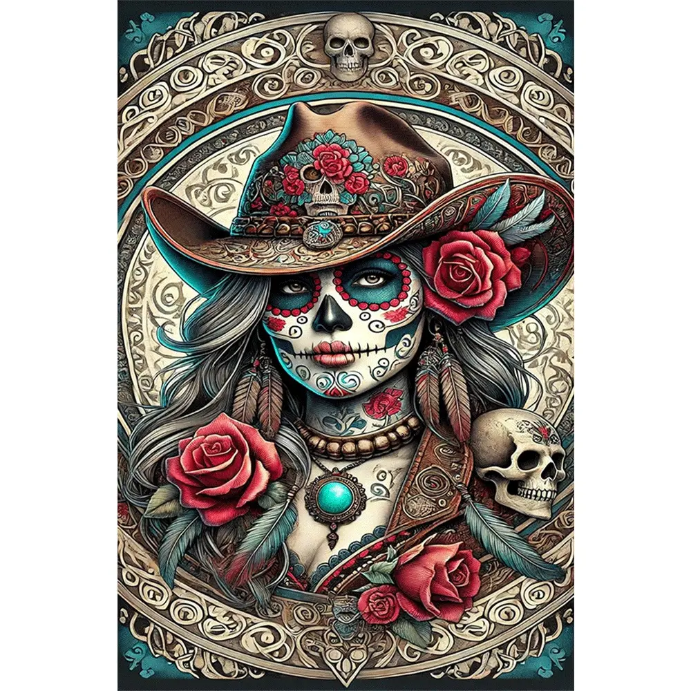 2d flat painting 5D DIY Diamond Painting Kit Round Drill Day of The Dead Cowgirl Design with Tools Full Drill Crystal Rhinestone Wall Art Decor for Living Room Bedroom Home Decoration Craft Gift