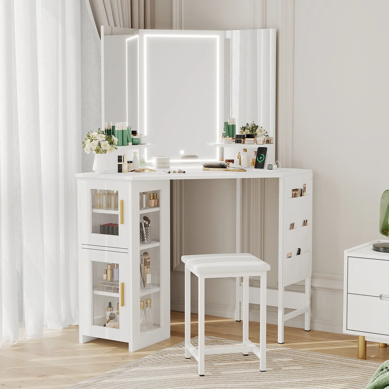 Corner Vanity Desk Set with LED Mirror & Charging Station, Triangle Makeup Table with Storage Cabinet & Stool, Space-Saving Dressing Table for Small Bedroom, Apartment, Home Office