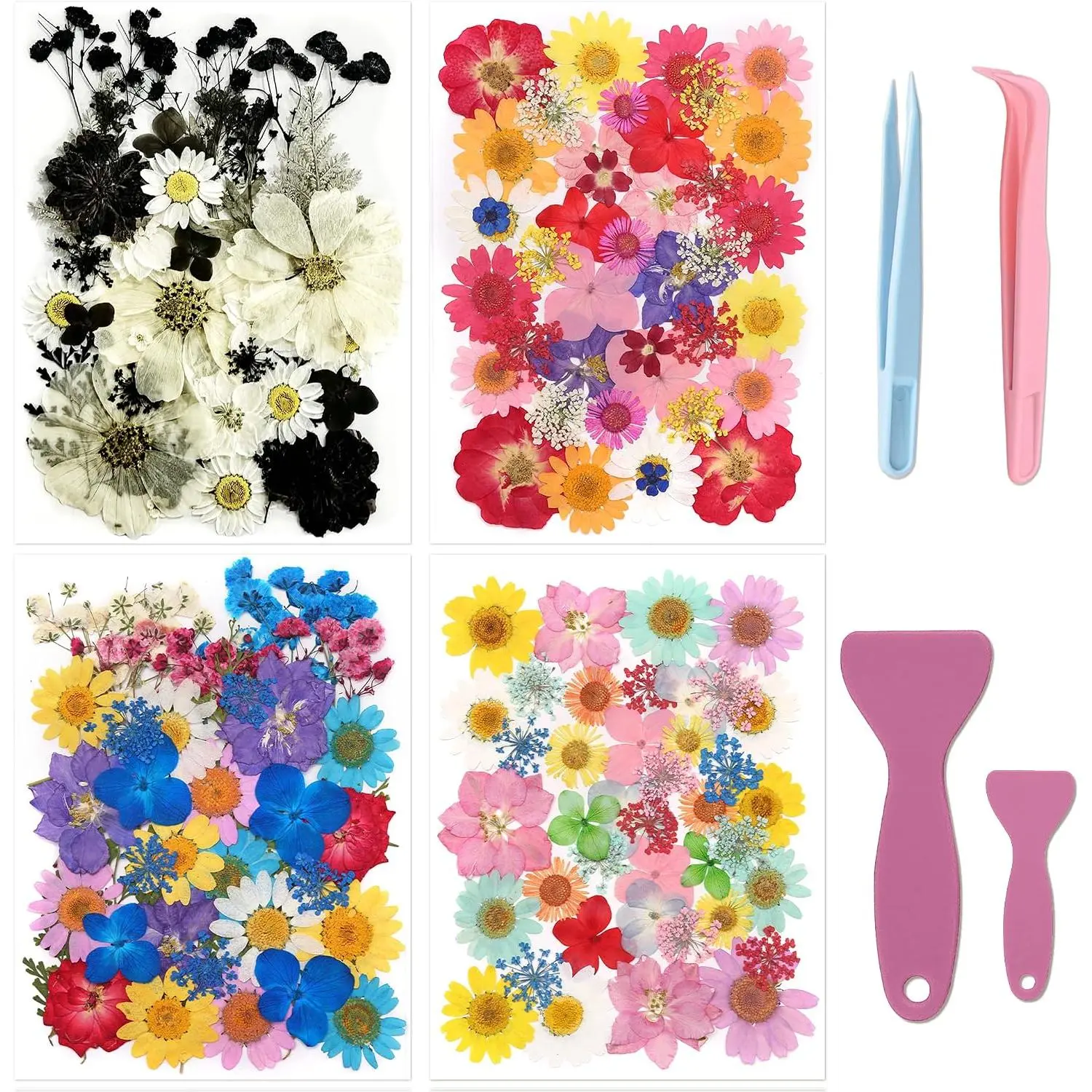 160+ Pcs Real Pressed Flowers for Resin & Crafts - 4 Themed Dried Flower Sheets with 4-Piece DIY Tool Kit - for Resin Jewelry Making, Scrapbooking Supplies, Nail Art, Candle & DIY Gifts