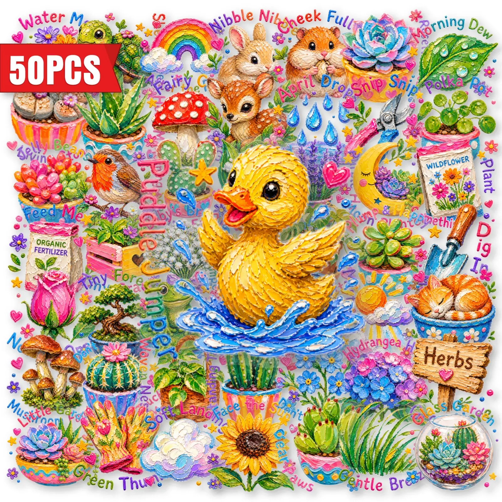 50Pcs Clear PET Oil Painting Garden Duck Stickers, Cute Succulent Floral Wildlife Aesthetic Decals, Planner Accessories for Journal Scrapbooking, Multi-purpose Office Products, Back To School Student Stationery Supplies